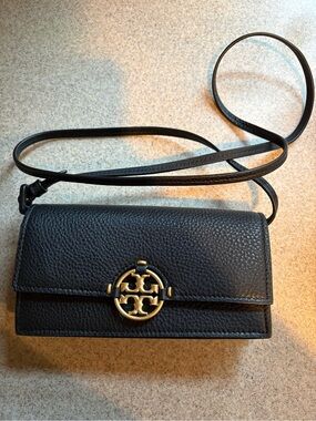 Tory Burch Black Pebbled Leather Crossbody with Gold Logo